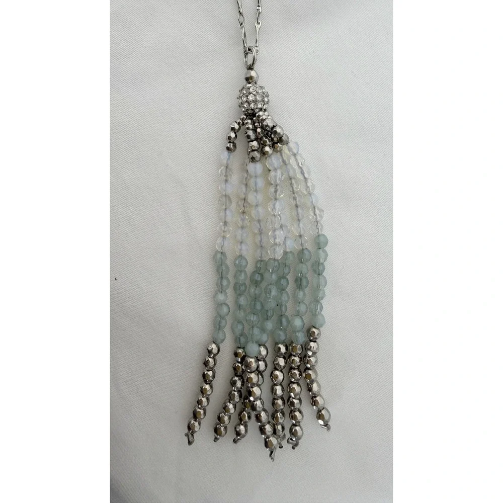 Loft Silver Tone Long Station Chain Beaded Tassel Necklace Green Clear 103-198